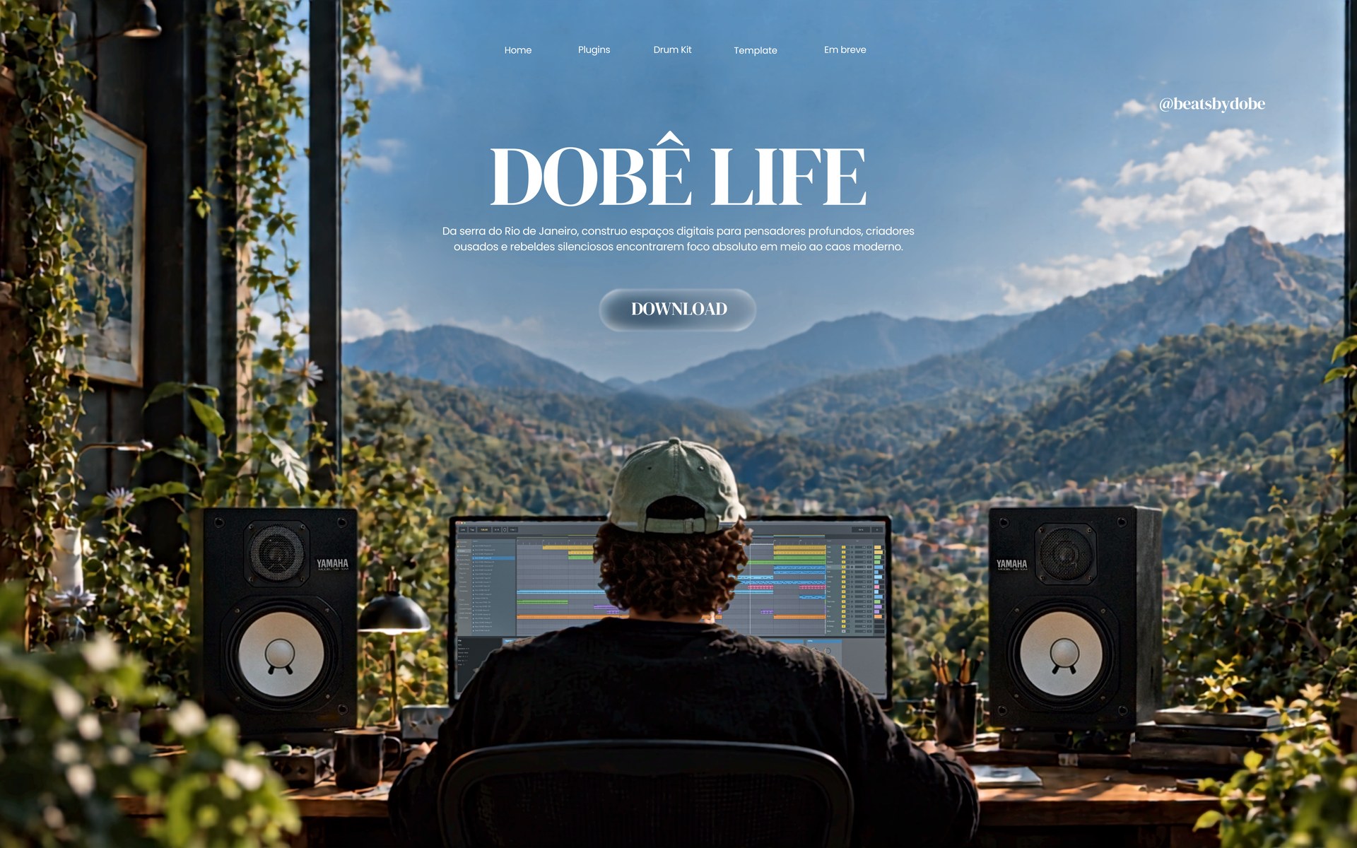 Produtor no estúdio, entre monitores Yamaha NS-10 e plantas, com as montanhas de Nova Friburgo ao fundo